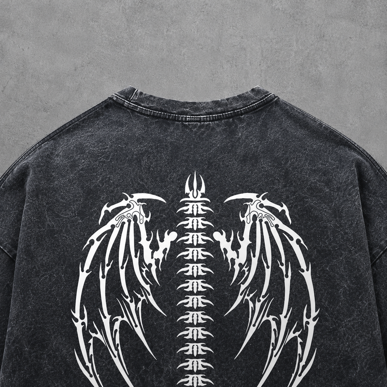 Skeleton Wings & Tribal Star Washed Tee | Dark Streetwear | ONYXERA
