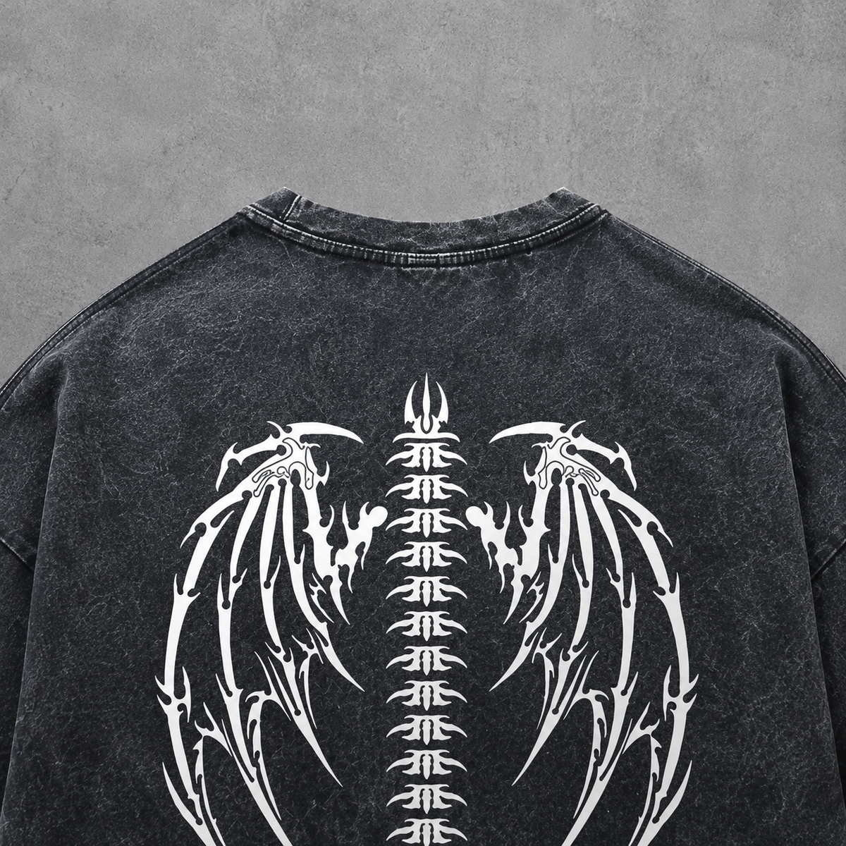 Skeleton Wings & Tribal Star Washed Tee | Dark Streetwear | ONYXERA