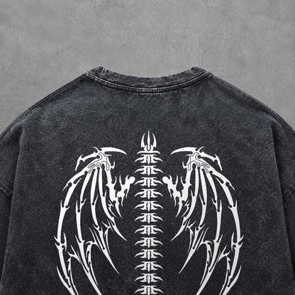 Skeleton Wings & Tribal Star Washed Tee | Dark Streetwear | ONYXERA