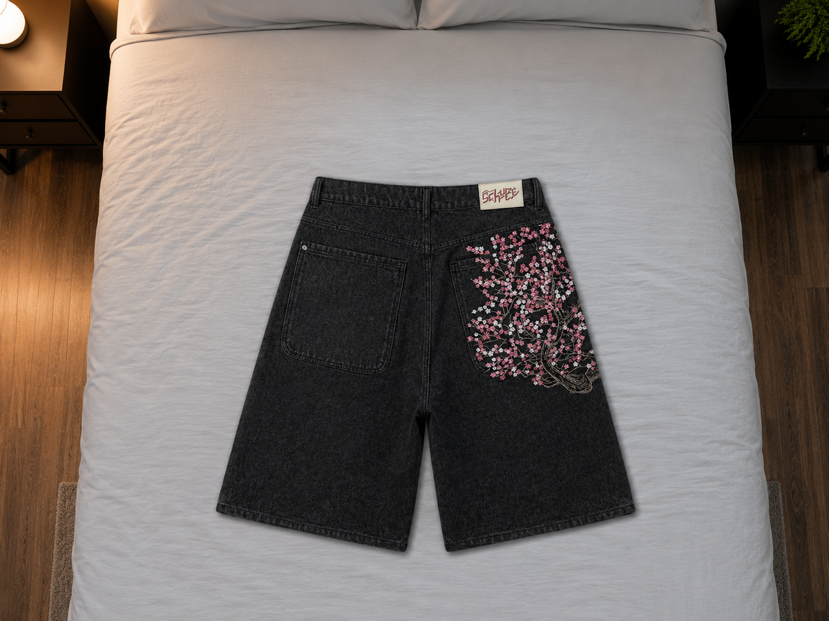ONYXERA — Sakura Cherry Blossom Denim Shorts