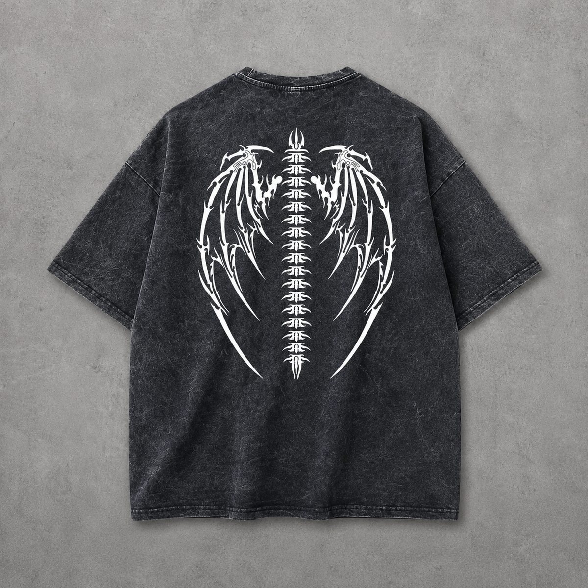 Skeleton Wings & Tribal Star Washed Tee | Dark Streetwear | ONYXERA