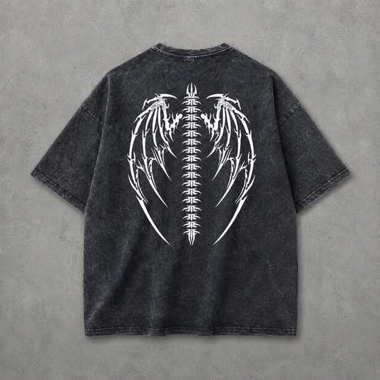 Skeleton Wings & Tribal Star Washed Tee | Dark Streetwear | ONYXERA