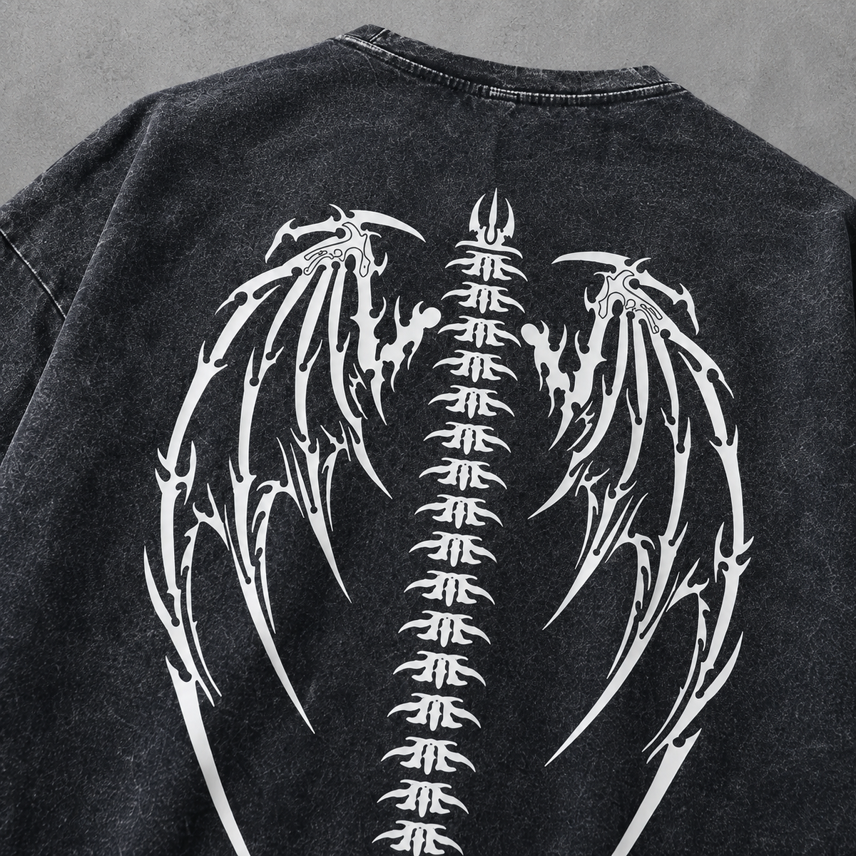 Skeleton Wings & Tribal Star Washed Tee | Dark Streetwear | ONYXERA