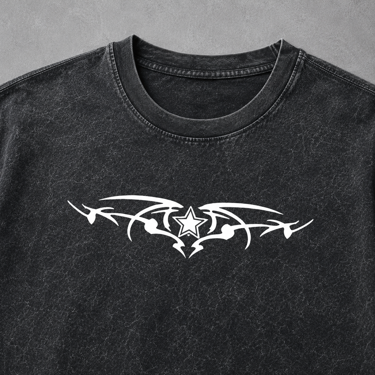 Skeleton Wings & Tribal Star Washed Tee | Dark Streetwear | ONYXERA