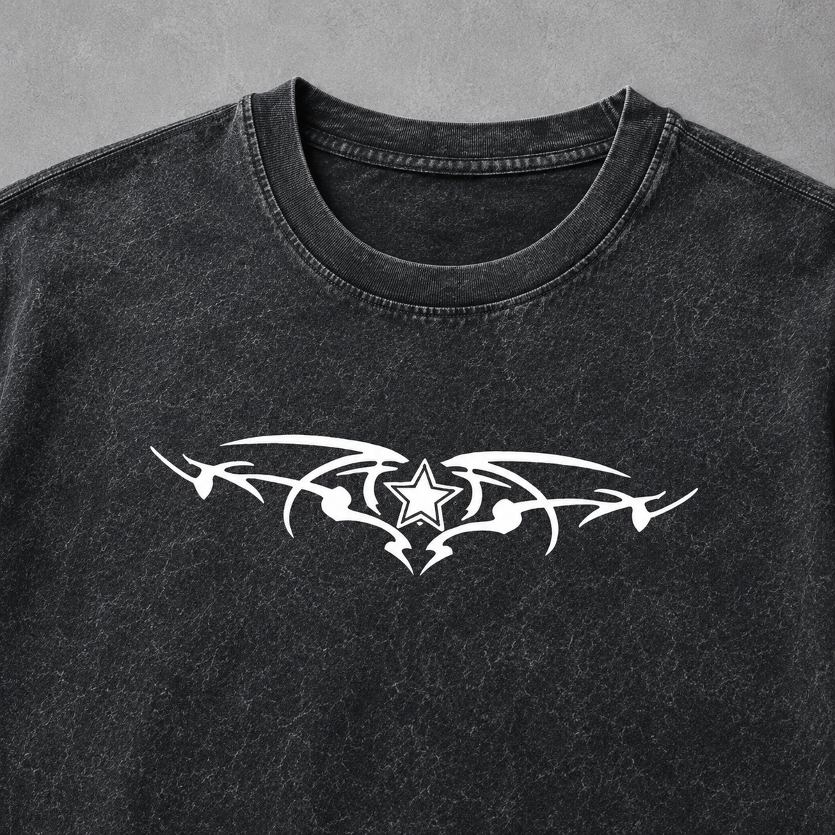 Skeleton Wings & Tribal Star Washed Tee | Dark Streetwear | ONYXERA