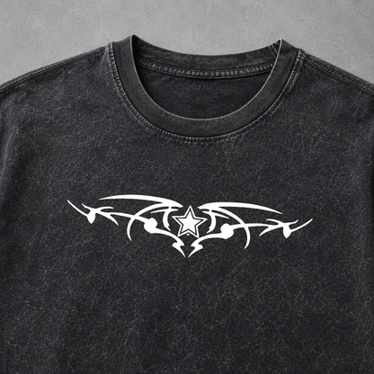 Skeleton Wings & Tribal Star Washed Tee | Dark Streetwear | ONYXERA
