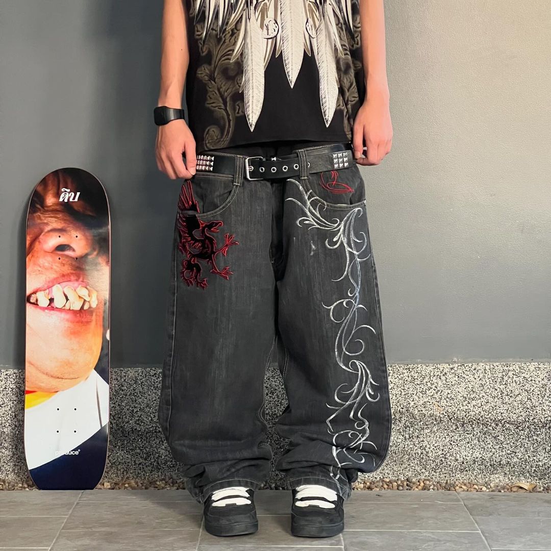 Gothic Print Wide Leg Jeans
