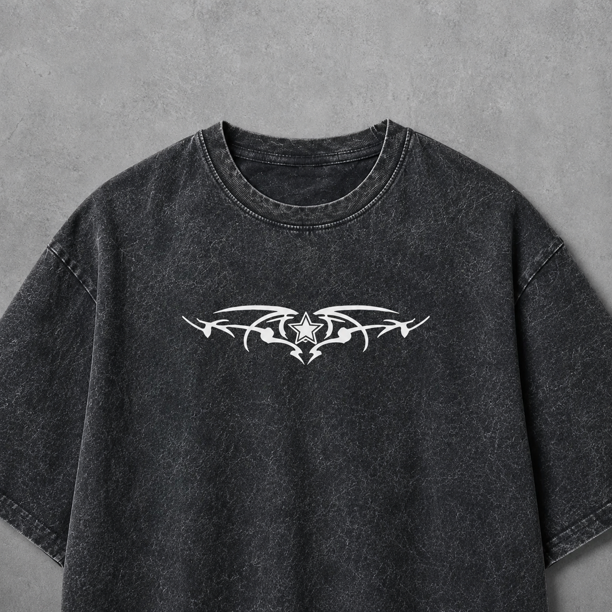 Skeleton Wings & Tribal Star Washed Tee | Dark Streetwear | ONYXERA