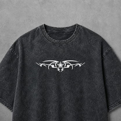 Skeleton Wings & Tribal Star Washed Tee | Dark Streetwear | ONYXERA