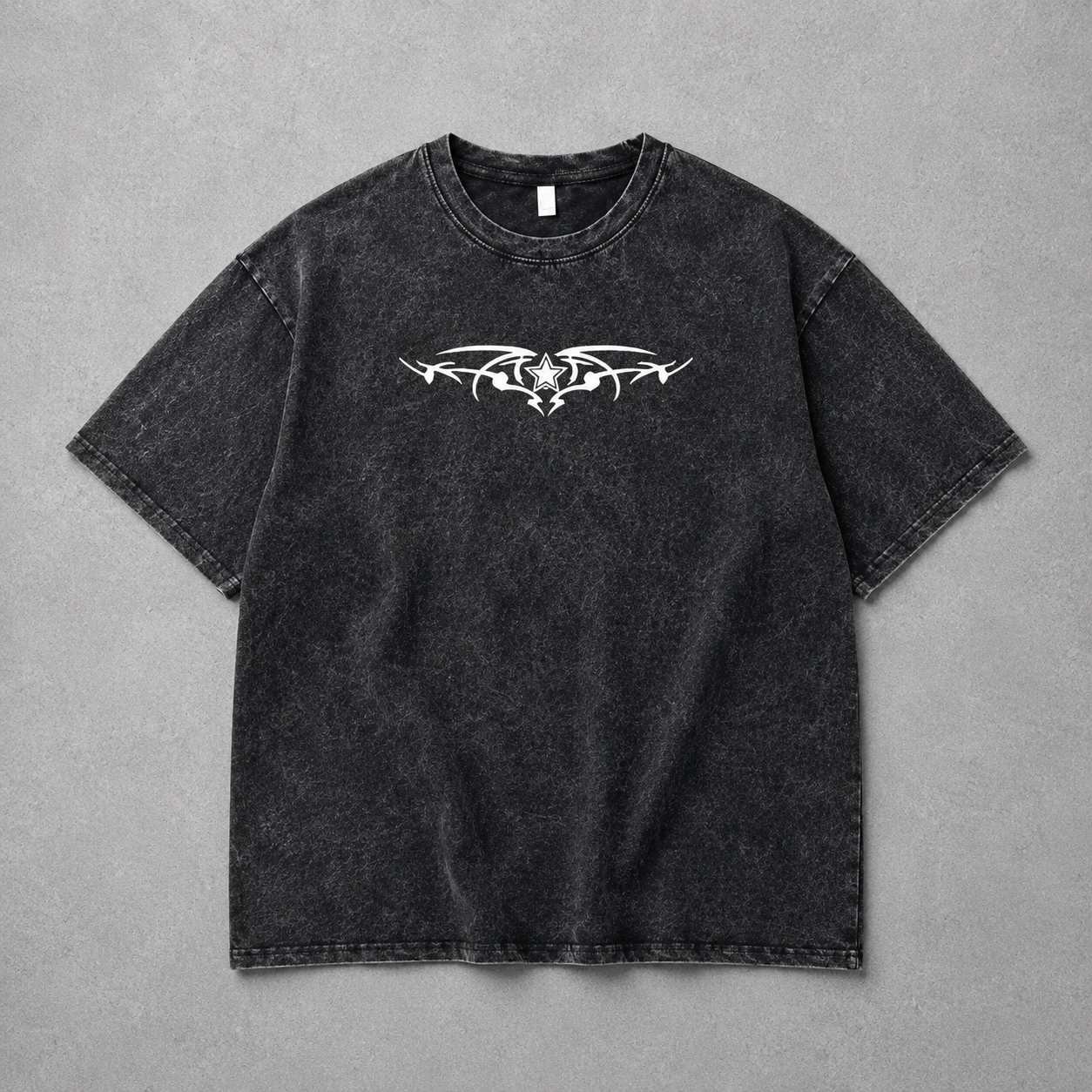 Skeleton Wings & Tribal Star Washed Tee | Dark Streetwear | ONYXERA