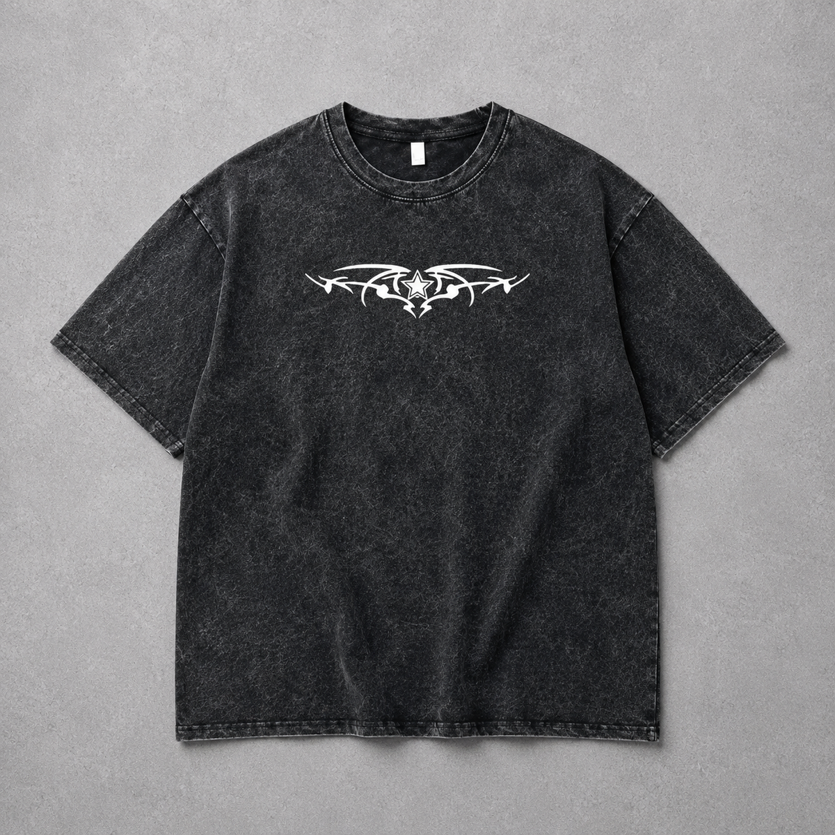 Skeleton Wings & Tribal Star Washed Tee | Dark Streetwear | ONYXERA