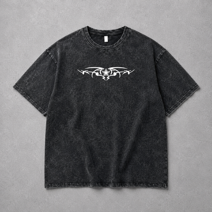 Skeleton Wings & Tribal Star Washed Tee | Dark Streetwear | ONYXERA