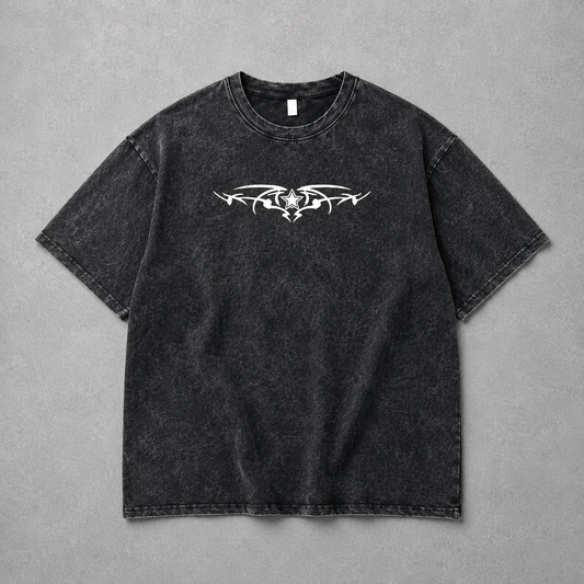 Skeleton Wings & Tribal Star Washed Tee | Dark Streetwear | ONYXERA